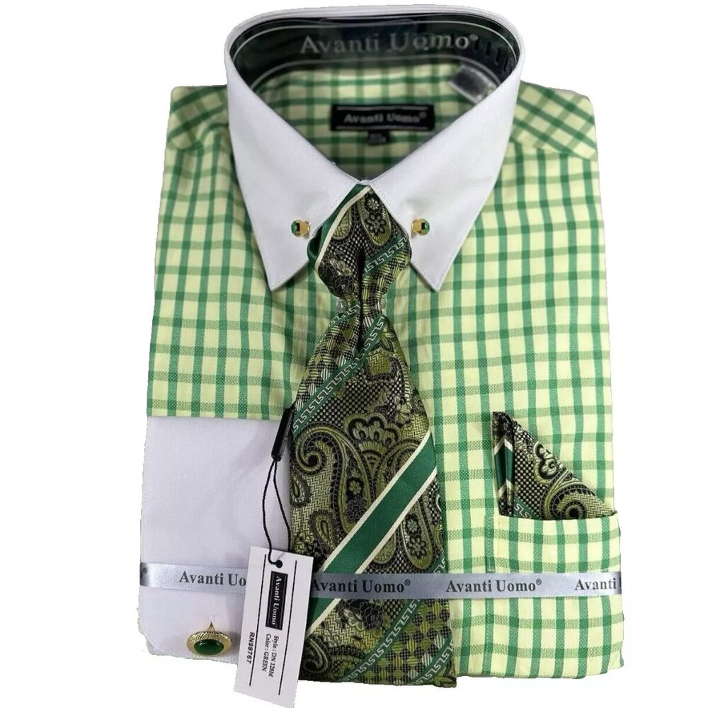 Avanti Uomo Men's Green Dress Shirt Tie Hanky Set Stone Collar Bar French Cuff